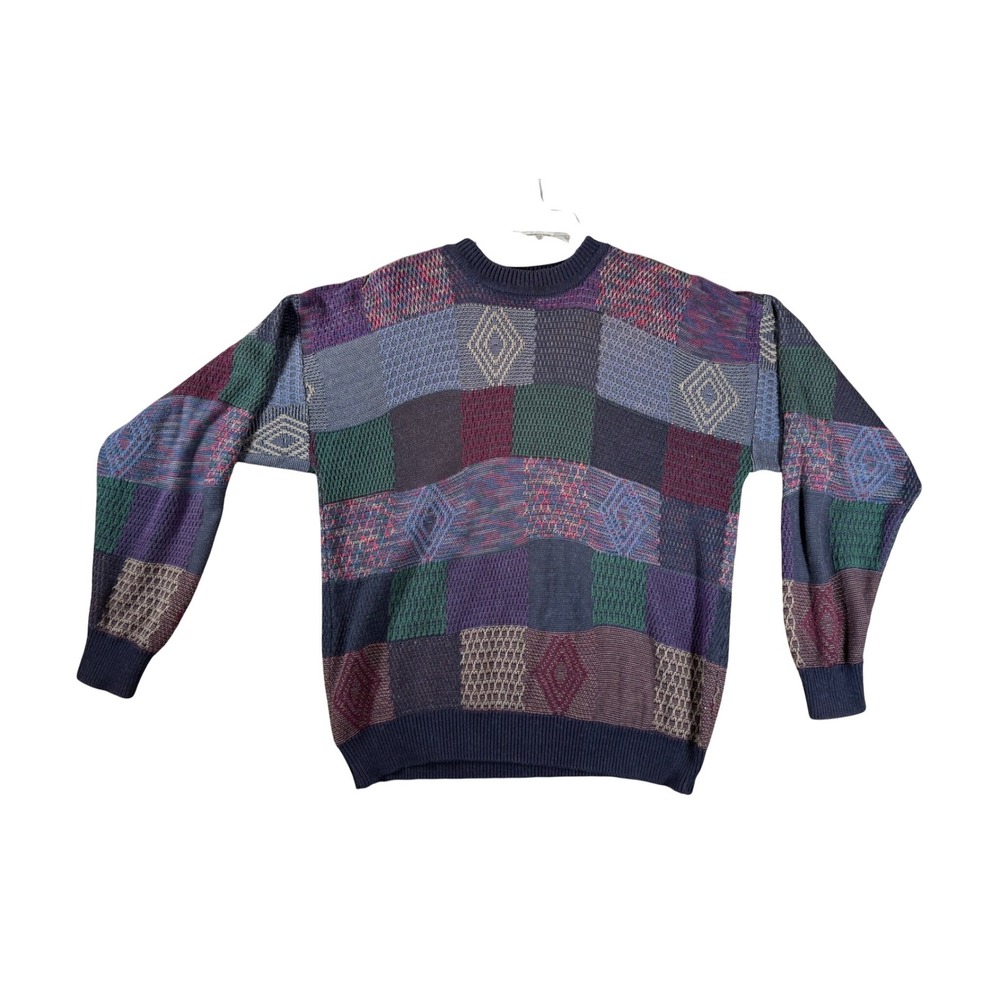 VTG AT Ease Mens Large Patchwork Knit Sweater Crew Neck Long Sleeve‎ 80's